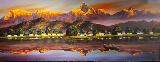 Panoramic Pokhara – Large Hand-Painted Himalayan Canvas (61x153 cm).  (CA1)