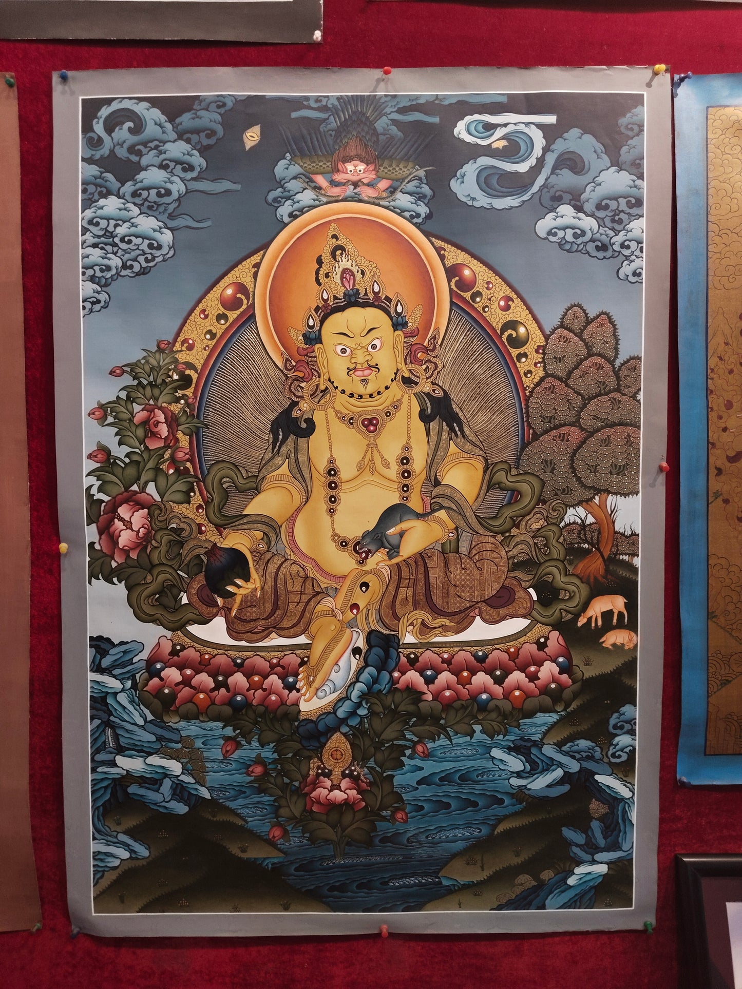 Jambhala – Hand-Painted Himalayan Thangka with Gold Detailing (91 x 62 cm). (TA13)